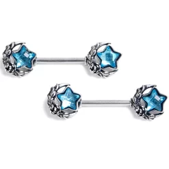Gaby 14 Gauge 9/16 Blue Gem Ornate Moon Star Barbell Nipple Ring Set