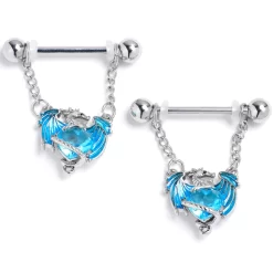 Gaby 14 Gauge 9/16 Blue CZ Gem Heart Of Dragon Dangle Nipple Ring Set