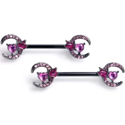 Gaby 14 Gauge 9/16 Pink Gem Black Butterfly Heart Moon Barbell Nipple Ring Set