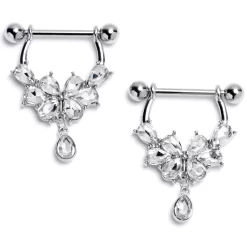 Gaby 14 Gauge 9/16 Clear Gem Baroque Flower Bloom Dangle Nipple Ring Set