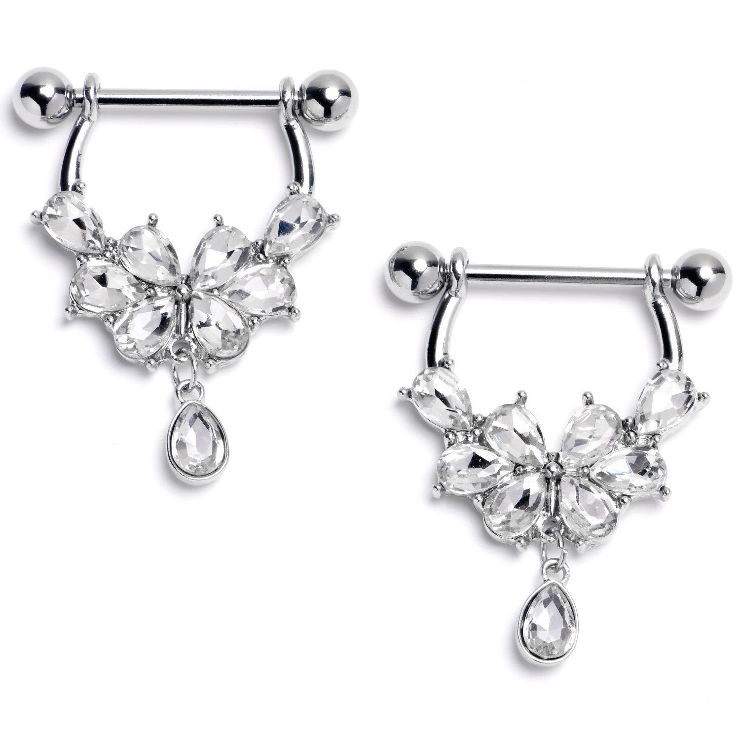 Gaby 14 Gauge 9/16 Clear Gem Baroque Flower Bloom Dangle Nipple Ring Set 2 Gaby 14 Gauge 9/16 Clear Gem Baroque Flower Bloom Dangle Nipple Ring Set - Image 2