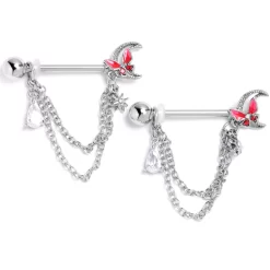 Gaby 14 Gauge 9/16 Clear CZ Gem Butterfly Pink Beauty Dangle Nipple Ring Set