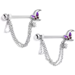 Gaby 14 Gauge 9/16 Clear CZ Gem Butterfly Purple Beauty Dangle Nipple Ring Set