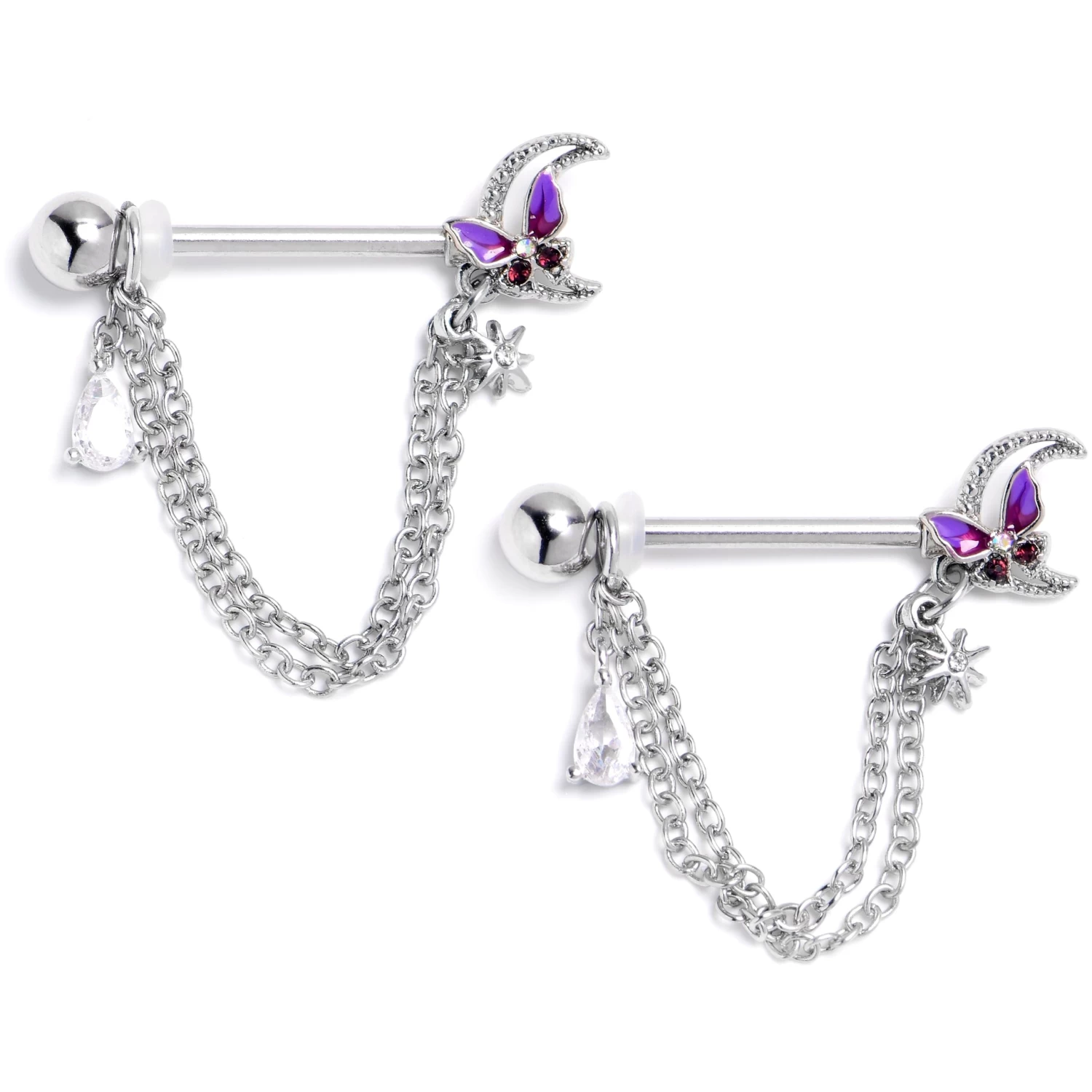 Gaby 14 Gauge 9/16 Clear CZ Gem Butterfly Purple Beauty Dangle Nipple Ring Set 1 Gaby 14 Gauge 9/16 Clear CZ Gem Butterfly Purple Beauty Dangle Nipple Ring Set