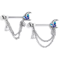 Gaby 14 Gauge 9/16 Clear CZ Gem Butterfly Blue Beauty Dangle Nipple Ring Set