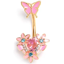 Gaby Blue Pink Clear Gem Gold Tone Butterfly Flowers Double Mount Belly Ring