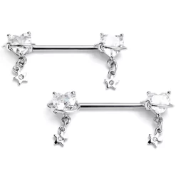 Gaby 14 Gauge 9/16 Clear CZ Heart Starry Saturn Dangle Nipple Ring Set