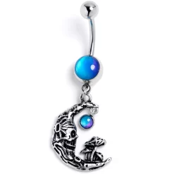 Blue Orb Mushrooms On The Moon Dangle Belly Ring