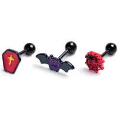 16 Gauge 1/4 Black Coffin Bat Halloween Cartilage Tragus Earring Set Of3