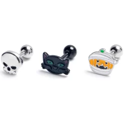 16 Gauge 1/4 Black Cat Skull Halloween Cartilage Tragus Earring Set Of3