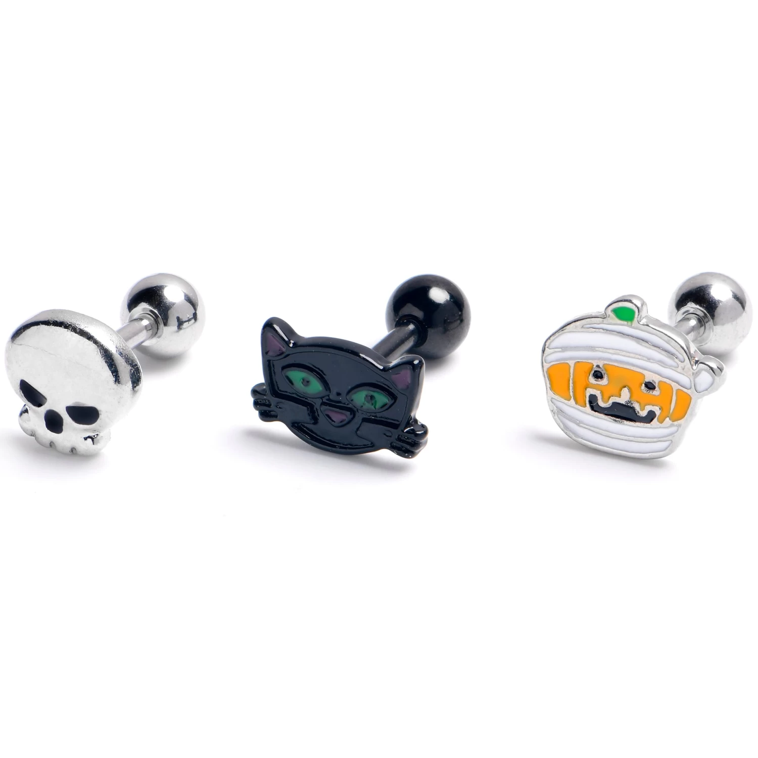 16 Gauge 1/4 Black Cat Skull Halloween Cartilage Tragus Earring Set Of3 1 16 Gauge 1/4 Black Cat Skull Halloween Cartilage Tragus Earring Set Of3