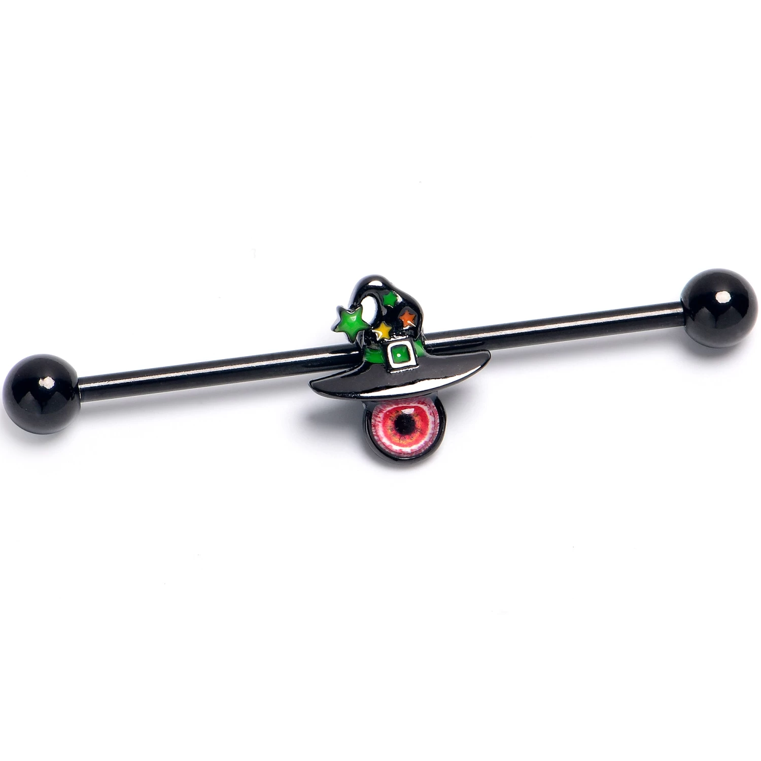14 Gauge Black Red Eye Witch Hat Industial Barbell 38mm 1 14 Gauge Black Red Eye Witch Hat Industial Barbell 38mm