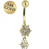 Solid 14kt Yellow Gold Cubic Zirconia Dangle Flower Belly Ring