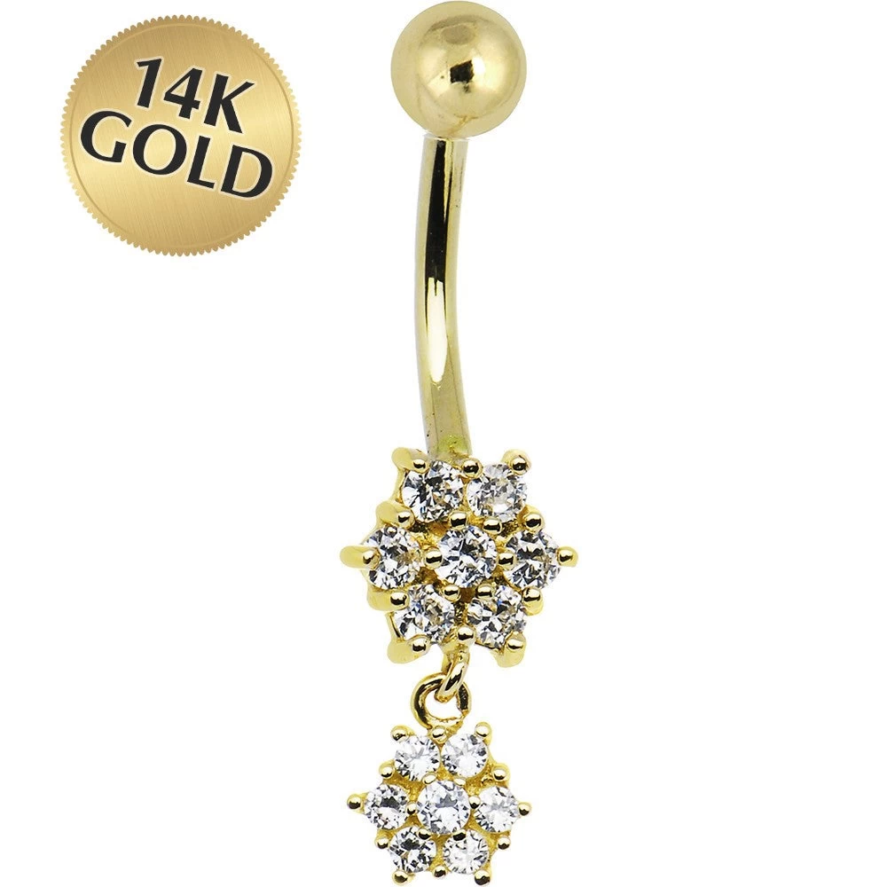Solid 14kt Yellow Gold Cubic Zirconia Dangle Flower Belly Ring 1 Solid 14kt Yellow Gold Cubic Zirconia Dangle Flower Belly Ring