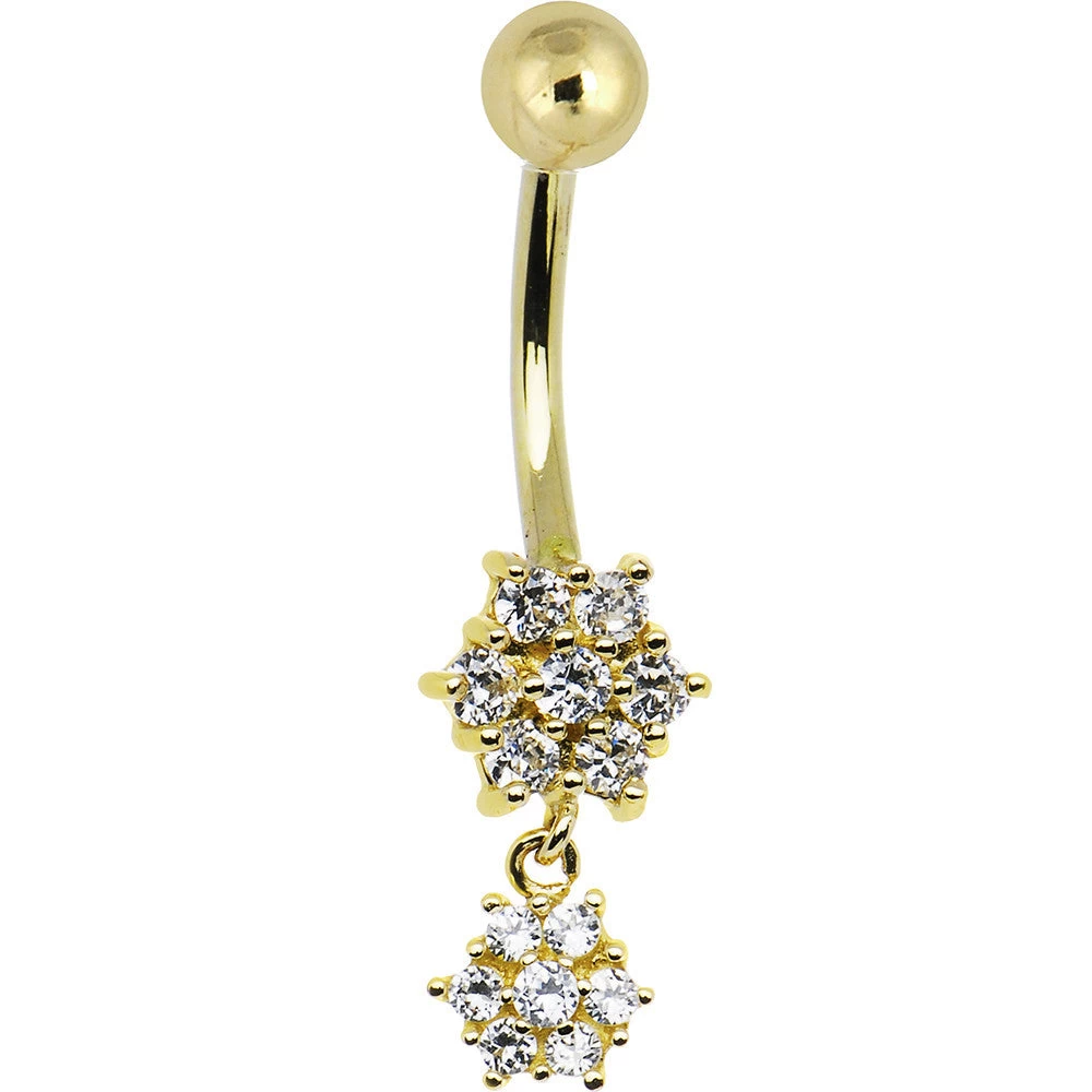 Solid 14kt Yellow Gold Cubic Zirconia Dangle Flower Belly Ring 2 Solid 14kt Yellow Gold Cubic Zirconia Dangle Flower Belly Ring - Image 2