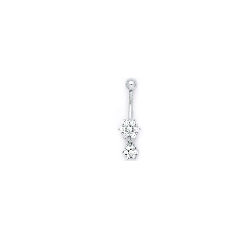 Solid 14kt White Gold Cubic Zirconia Dangle Flower Belly Ring 1 Solid 14kt White Gold Cubic Zirconia Dangle Flower Belly Ring