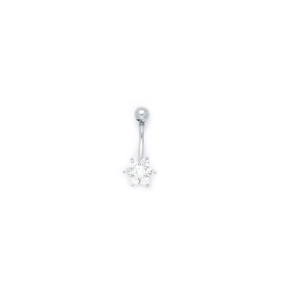 Solid 14kt White Gold Cubic Zirconia Flower Belly Ring 1 Solid 14kt White Gold Cubic Zirconia Flower Belly Ring
