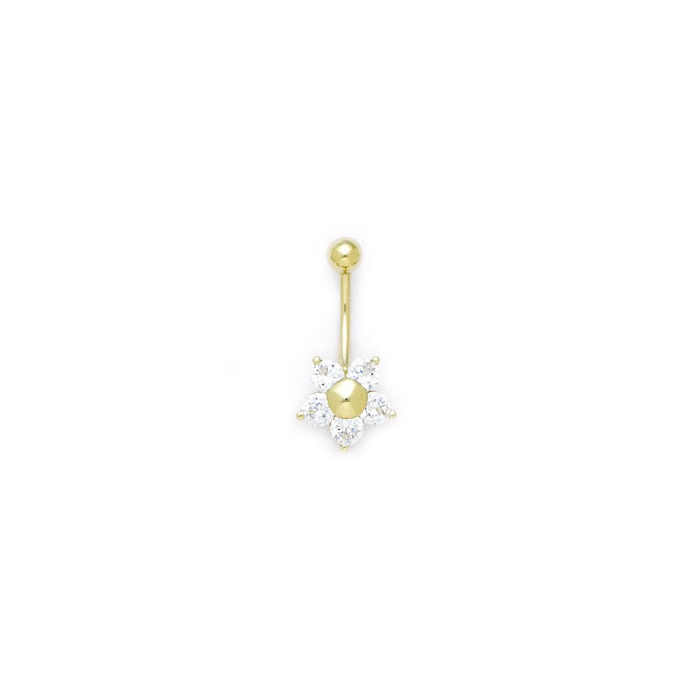 Solid 14kt Yellow Gold Cubic Zirconia Five Petal Flower Belly Ring 1 Solid 14kt Yellow Gold Cubic Zirconia Five Petal Flower Belly Ring