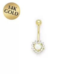 Solid 14kt Yellow Gold Zirconia Opal Heart Belly Ring