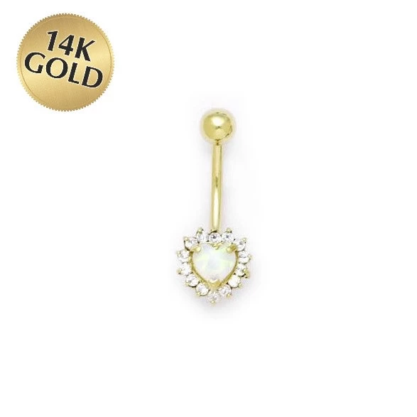 Solid 14kt Yellow Gold Zirconia Opal Heart Belly Ring 1 Solid 14kt Yellow Gold Zirconia Opal Heart Belly Ring