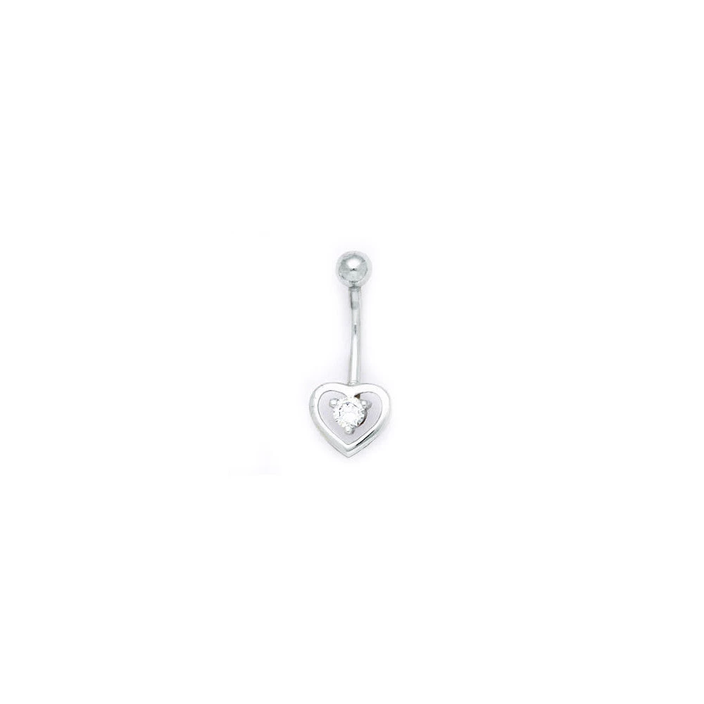 Solid 14kt White Gold Zirconia Hollow Heart Belly Ring 1 Solid 14kt White Gold Zirconia Hollow Heart Belly Ring