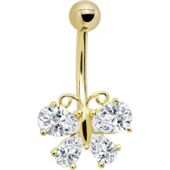Solid 14kt Yellow Gold Cubic Zirconia Butterfly Belly Ring