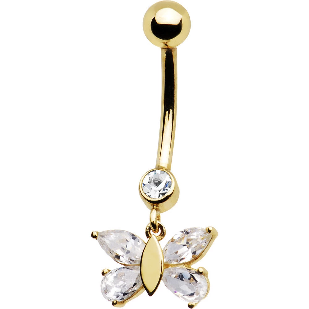 Solid 14kt Yellow Gold Dangle CZ Butterfly Belly Ring 1 Solid 14kt Yellow Gold Dangle CZ Butterfly Belly Ring
