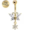 Solid 14kt Yellow Gold CZ Flower Butterfly Belly Ring