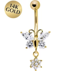 Solid 14kt Yellow Gold CZ Flower Butterfly Belly Ring