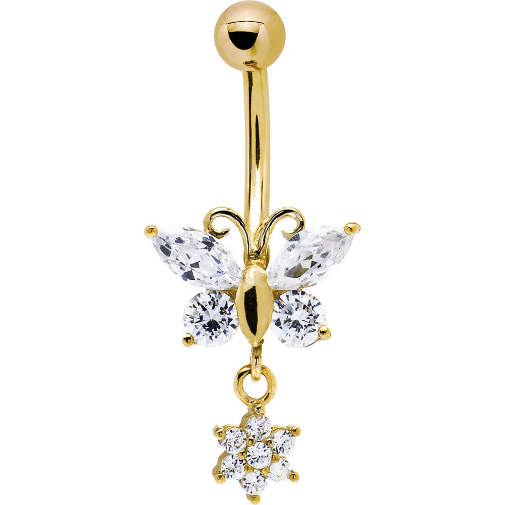 Solid 14kt Yellow Gold CZ Flower Butterfly Belly Ring 2 Solid 14kt Yellow Gold CZ Flower Butterfly Belly Ring - Image 2