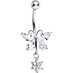 Solid 14kt White Gold CZ Flower Butterfly Belly Ring