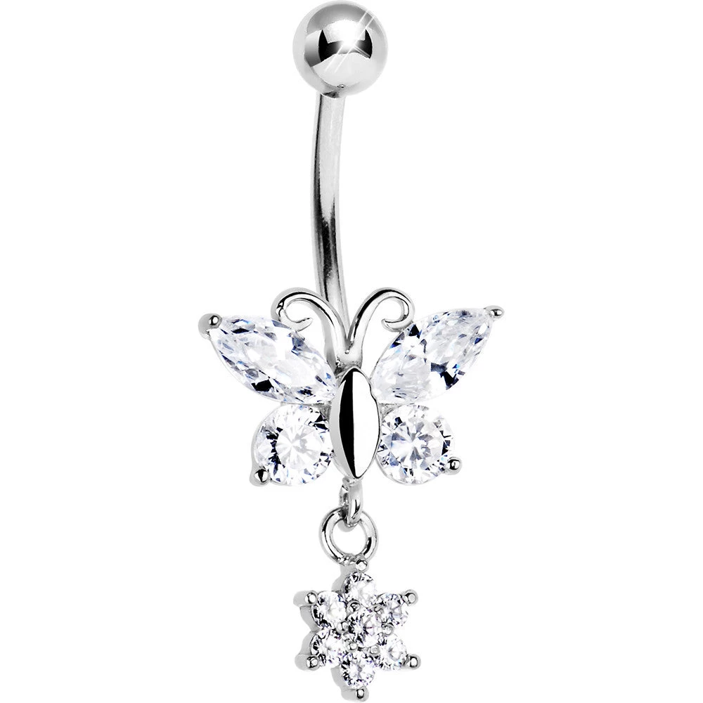 Solid 14kt White Gold CZ Flower Butterfly Belly Ring 1 Solid 14kt White Gold CZ Flower Butterfly Belly Ring