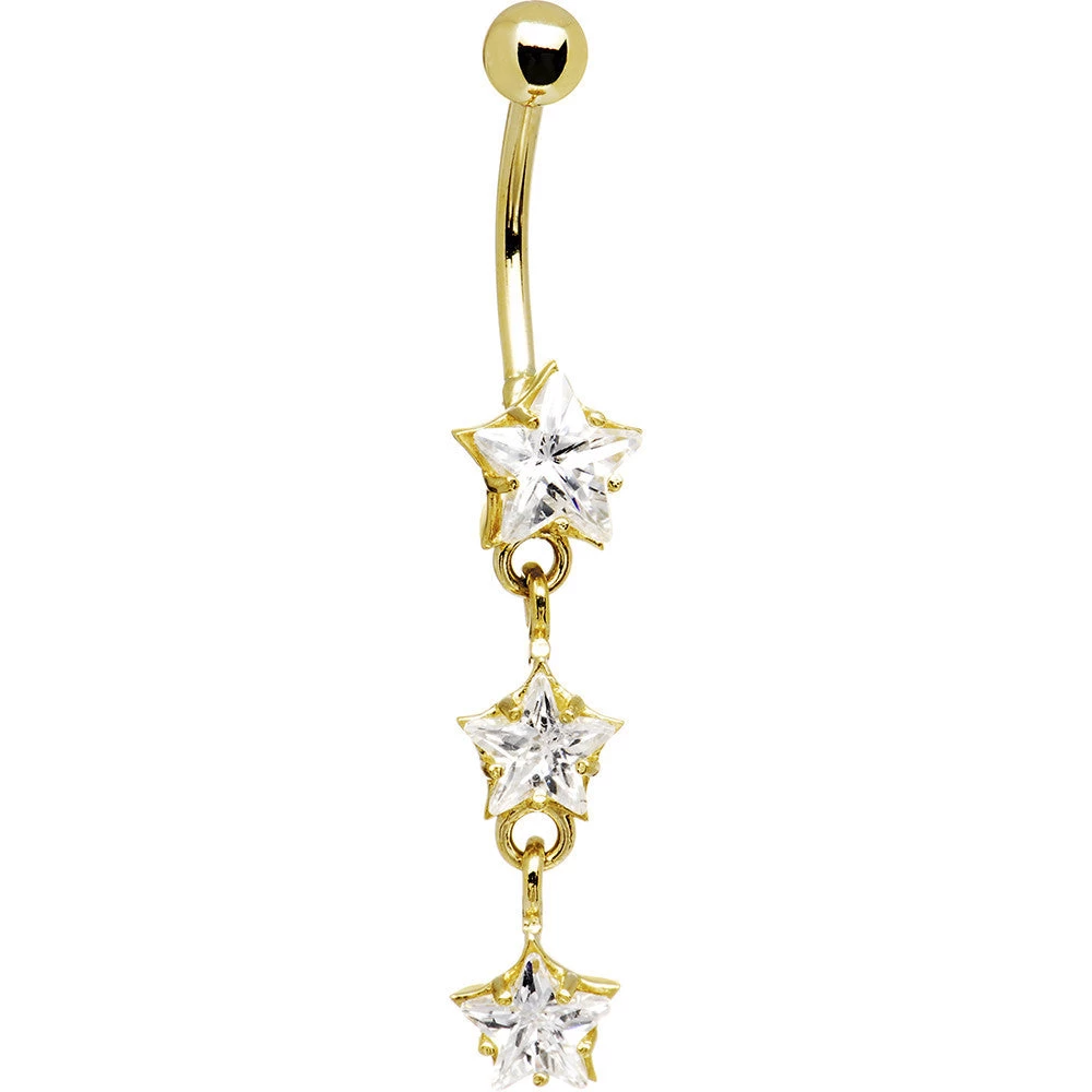 Solid 14kt Yellow Gold Zirconia Trio Star Belly Ring 1 Solid 14kt Yellow Gold Zirconia Trio Star Belly Ring