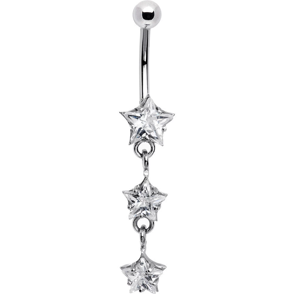 Solid 14kt White Gold Zirconia Trio Star Belly Ring 1 Solid 14kt White Gold Zirconia Trio Star Belly Ring