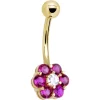 Solid 14kt Yellow Gold Red Clear Cubic Zirconia Flower Belly Ring