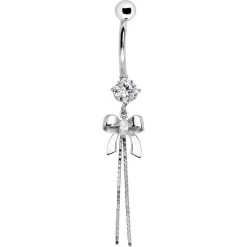 Solid 14kt White Gold Cubic Zirconia Bow Belly Ring