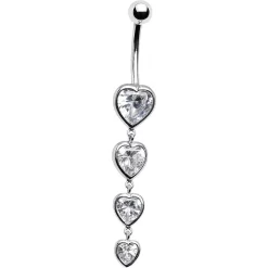 Solid 14kt White Gold Zirconia Quadruplet Heart Belly Ring