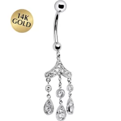Solid 14KT White Gold CZ Gem Chandelier Dangle Belly Ring