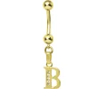 Solid 14kt Yellow Gold CZ Initial B Belly Ring