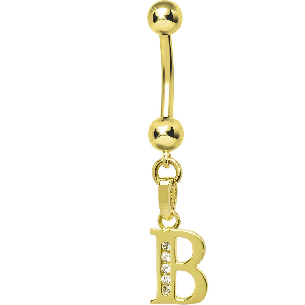 Solid 14kt Yellow Gold CZ Initial B Belly Ring 1 Solid 14kt Yellow Gold CZ Initial B Belly Ring