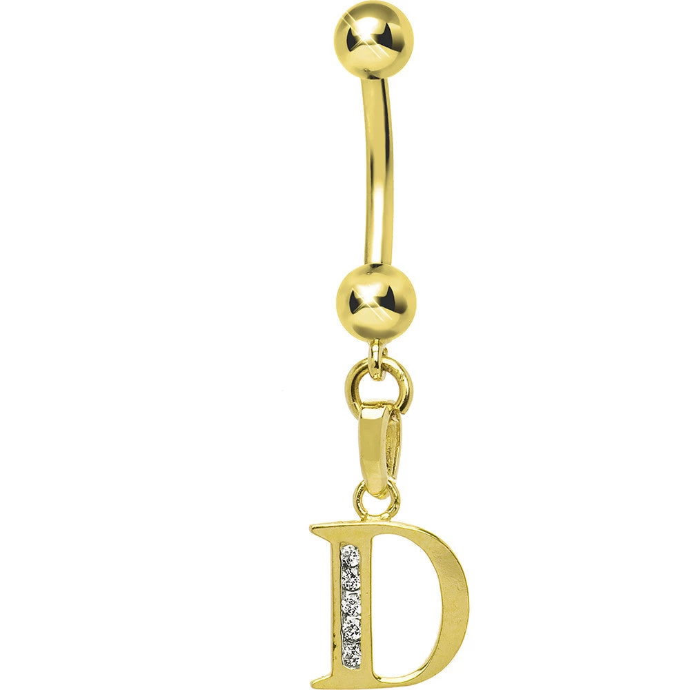 Solid 14kt Yellow Gold CZ Initial D Belly Ring 1 Solid 14kt Yellow Gold CZ Initial D Belly Ring