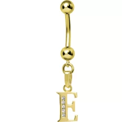 Solid 14kt Yellow Gold CZ Initial E Belly Ring