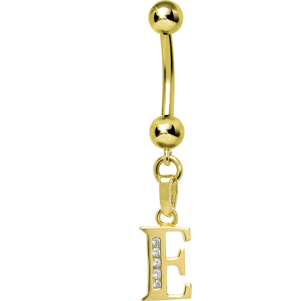 Solid 14kt Yellow Gold CZ Initial E Belly Ring 1 Solid 14kt Yellow Gold CZ Initial E Belly Ring