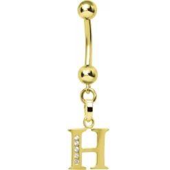 Solid 14kt Yellow Gold CZ Initial H Belly Ring