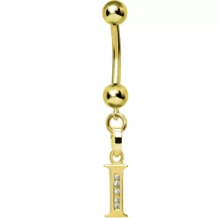 Solid 14kt Yellow Gold CZ Initial I Belly Ring