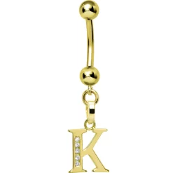 Solid 14kt Yellow Gold CZ Initial K Belly Ring