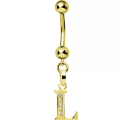 Solid 14kt Yellow Gold CZ Initial L Belly Ring