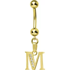 Solid 14kt Yellow Gold CZ Initial M Belly Ring