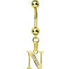 Solid 14kt Yellow Gold CZ Initial N Belly Ring