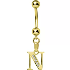 Solid 14kt Yellow Gold CZ Initial N Belly Ring